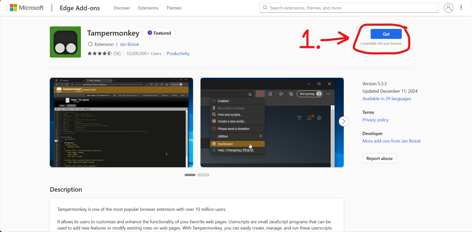 Install TamperMonkey for Edge